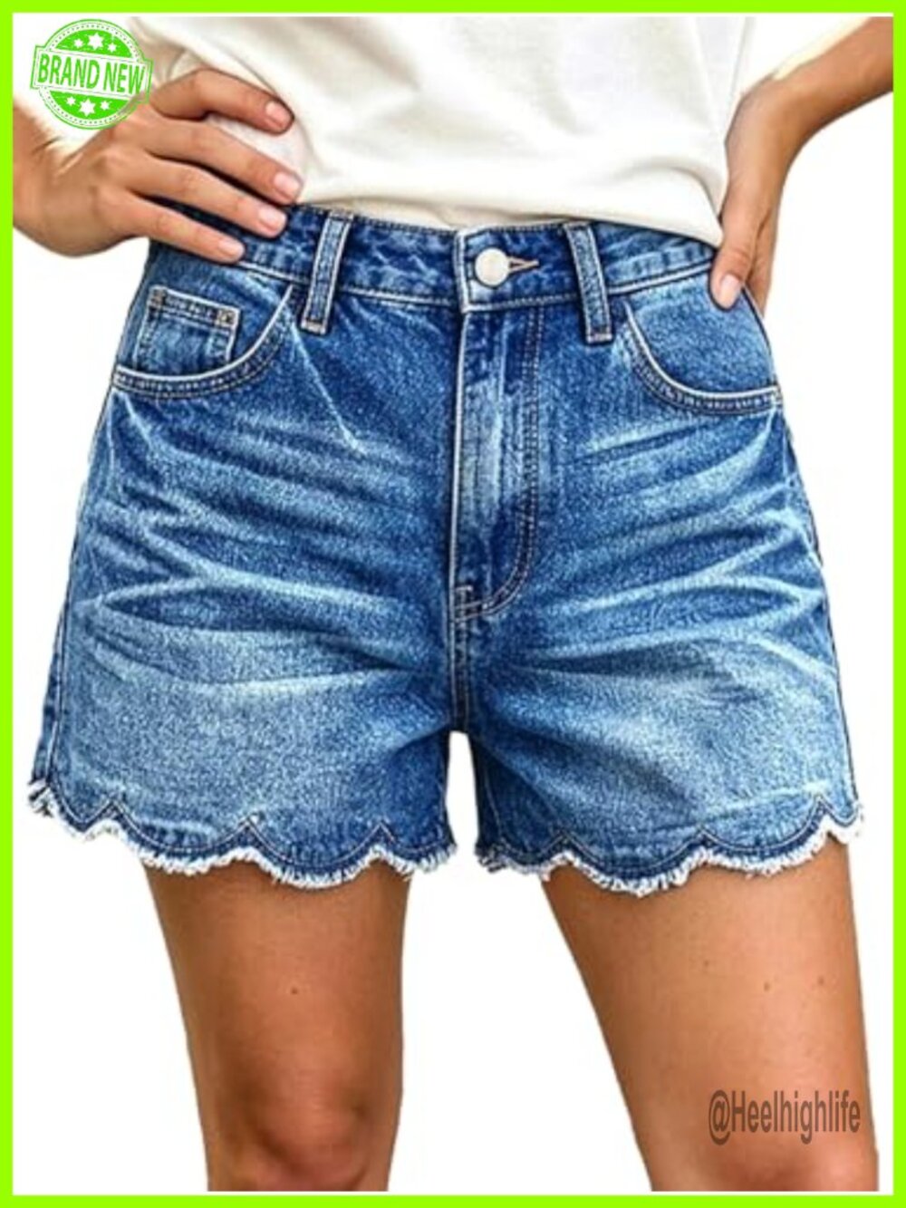 Mid Rise Denim Mid Thigh Shorts Scallop Trim Raw Hem